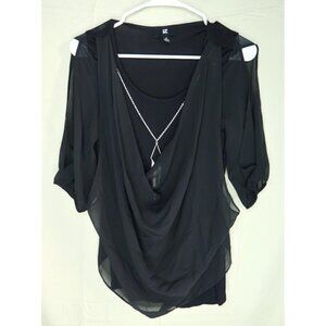 IZ Byer Layered Cowl Neck Top Black 3/4 Sleeve Layered Blouse Women's Size Small